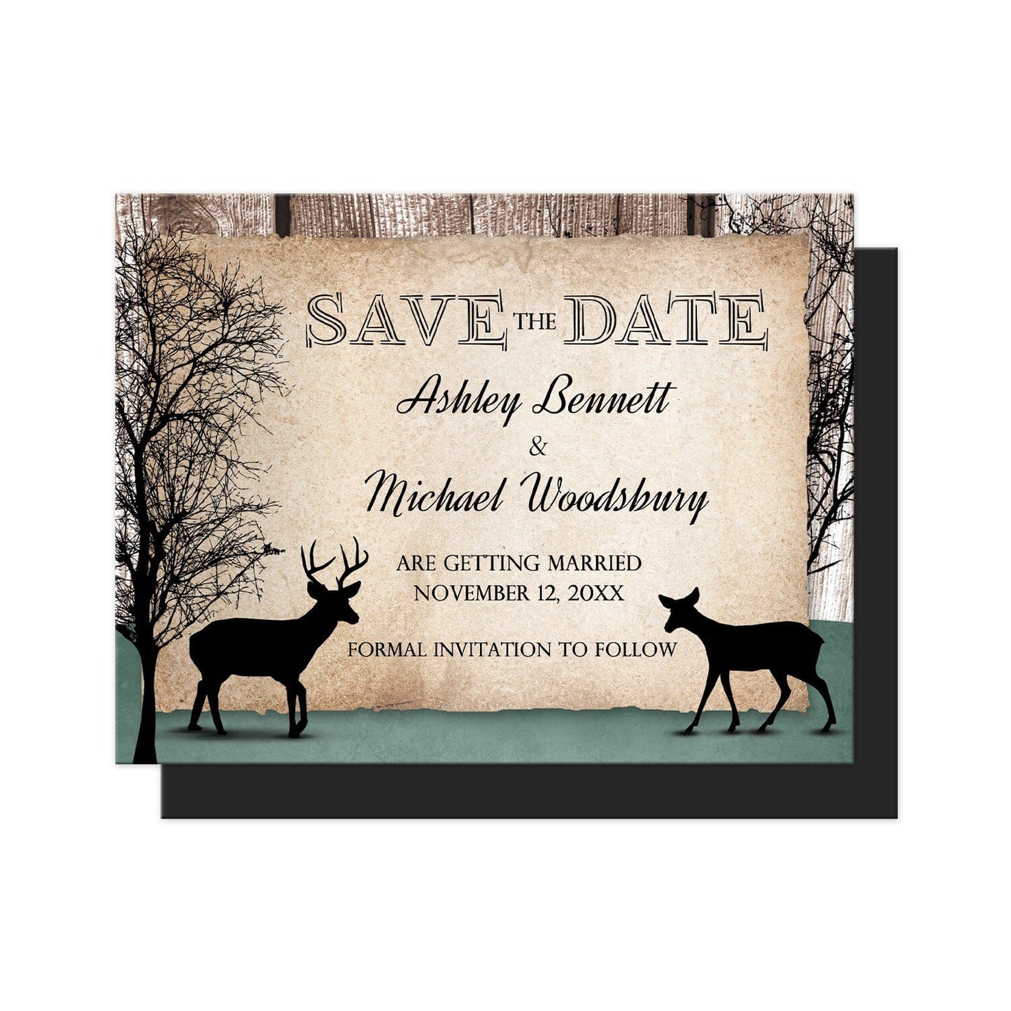 Rustic Woodsy Deer Save the Date Magnets at Artistically Invited. Rustic woodsy deer save the date magnets designed with silhouettes of a buck deer with antlers, a doe, and winter trees over a wood brown background and a faded hunter green design along the bottom. Your personalized wedding date details are custom printed in black over a tattered rustic paper illustration between the deer.