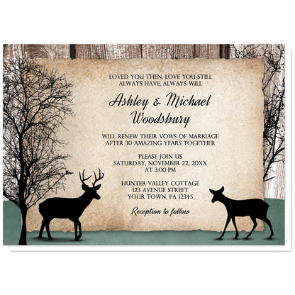 Rustic Woodsy Deer Vow Renewal Invitations at Artistically Invited. Rustic woodsy deer vow renewal invitations designed with silhouettes of a buck deer with antlers, a doe, and winter trees over a wood brown background and a faded hunter green design along the bottom. Your personalized vow renewal celebration details are custom printed in black over a tattered rustic paper illustration between the deer.