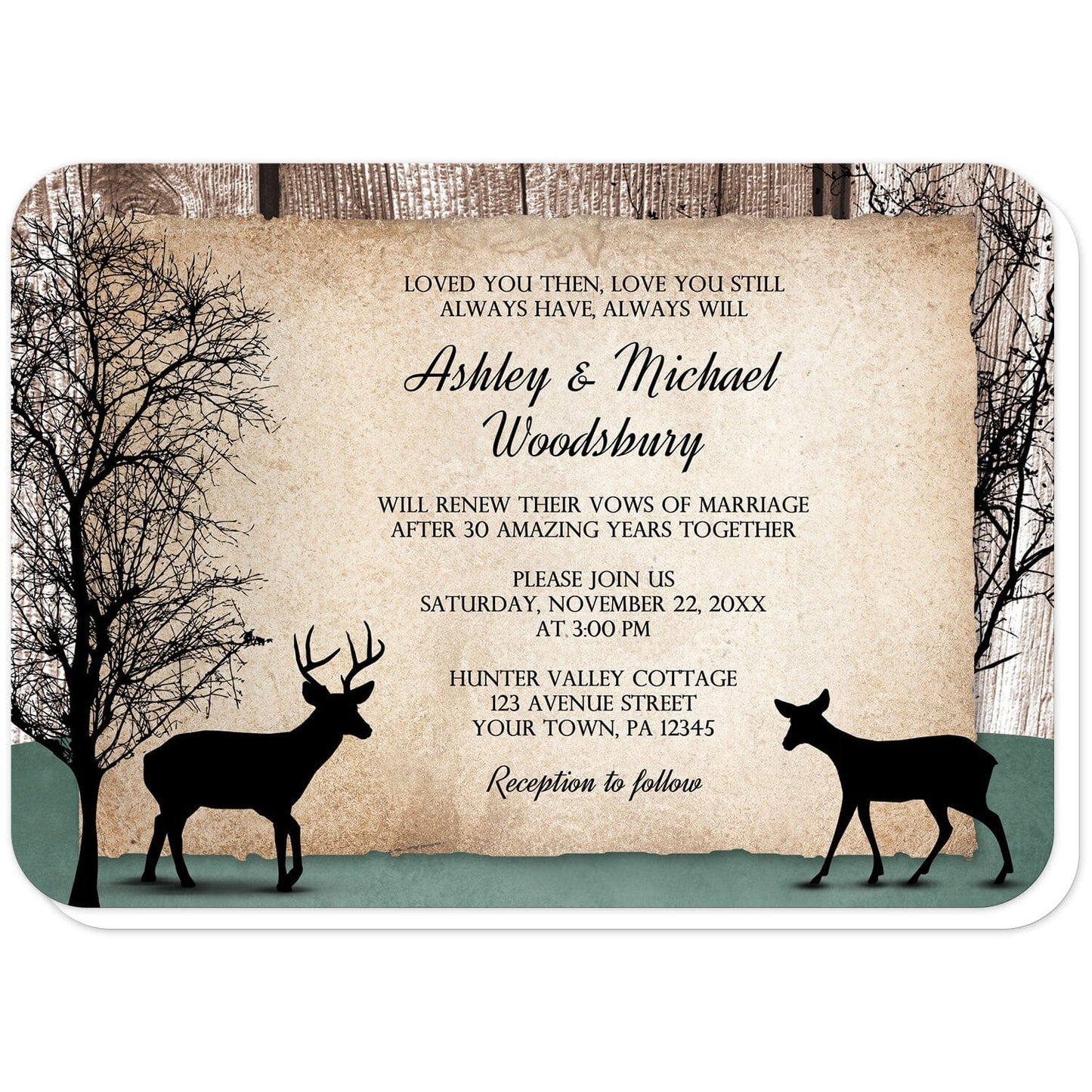 Rustic Woodsy Deer Vow Renewal Invitations (with rounded corners) at Artistically Invited. Rustic woodsy deer vow renewal invitations designed with silhouettes of a buck deer with antlers, a doe, and winter trees over a wood brown background and a faded hunter green design along the bottom. Your personalized vow renewal celebration details are custom printed in black over a tattered rustic paper illustration between the deer.