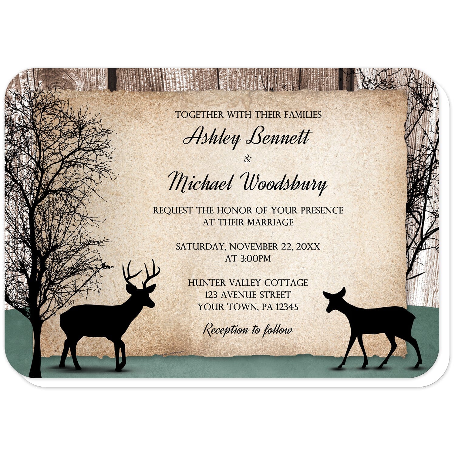 Rustic Woodsy Deer Wedding Invitations (with rounded corners) at Artistically Invited. Rustic woodsy deer wedding invitations designed with silhouettes of a buck deer with antlers, a doe, and winter trees over a wood brown background and a faded hunter green design along the bottom. Your personalized marriage celebration details are custom printed in black over a tattered rustic paper illustration between the deer.