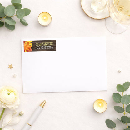 Rustic Autumn Leaves Wood Address Label shown on a white envelope with wedding supplies