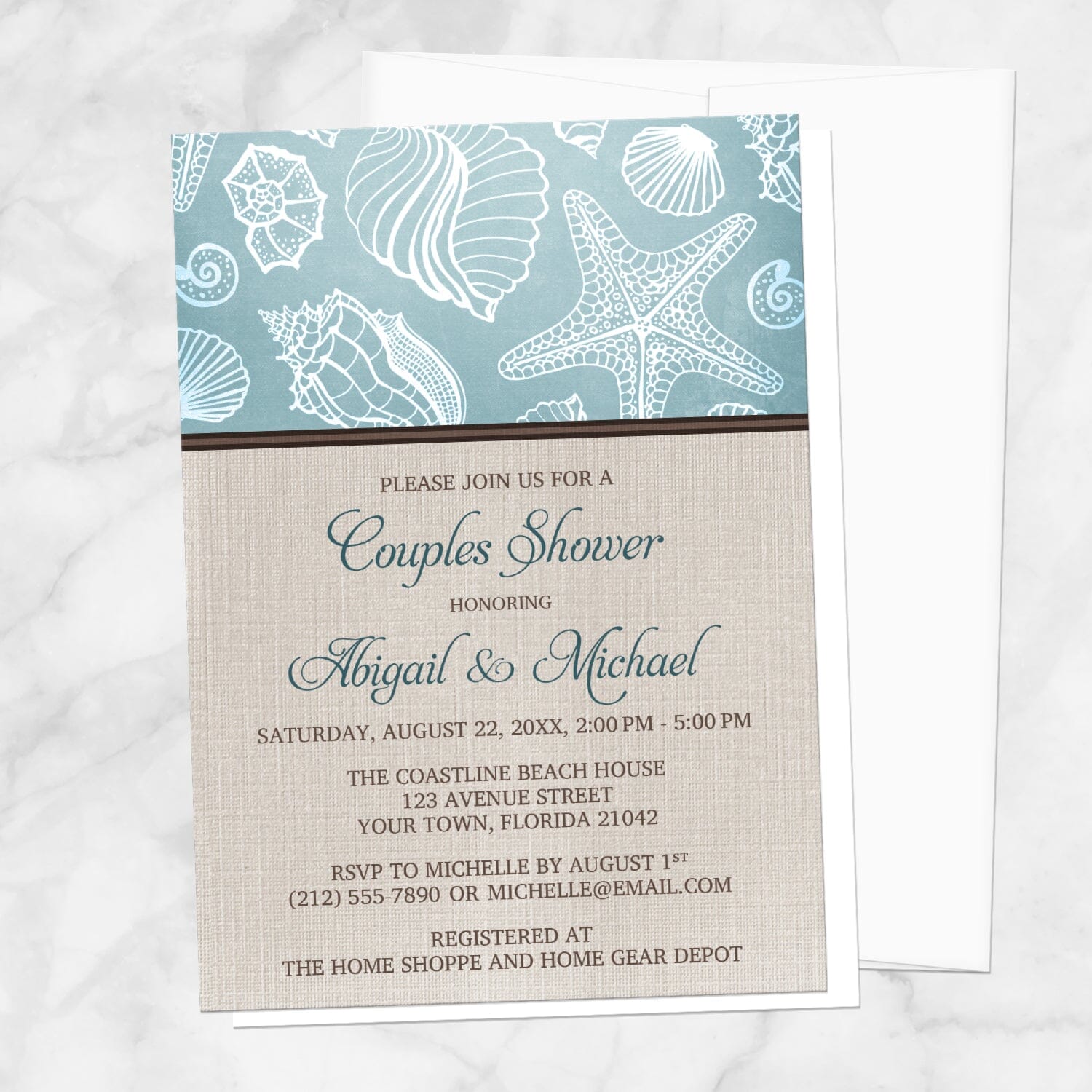 Rustic Beach Linen Seashell Couples Shower Invitation shown on a marble surface with a white envelope.
