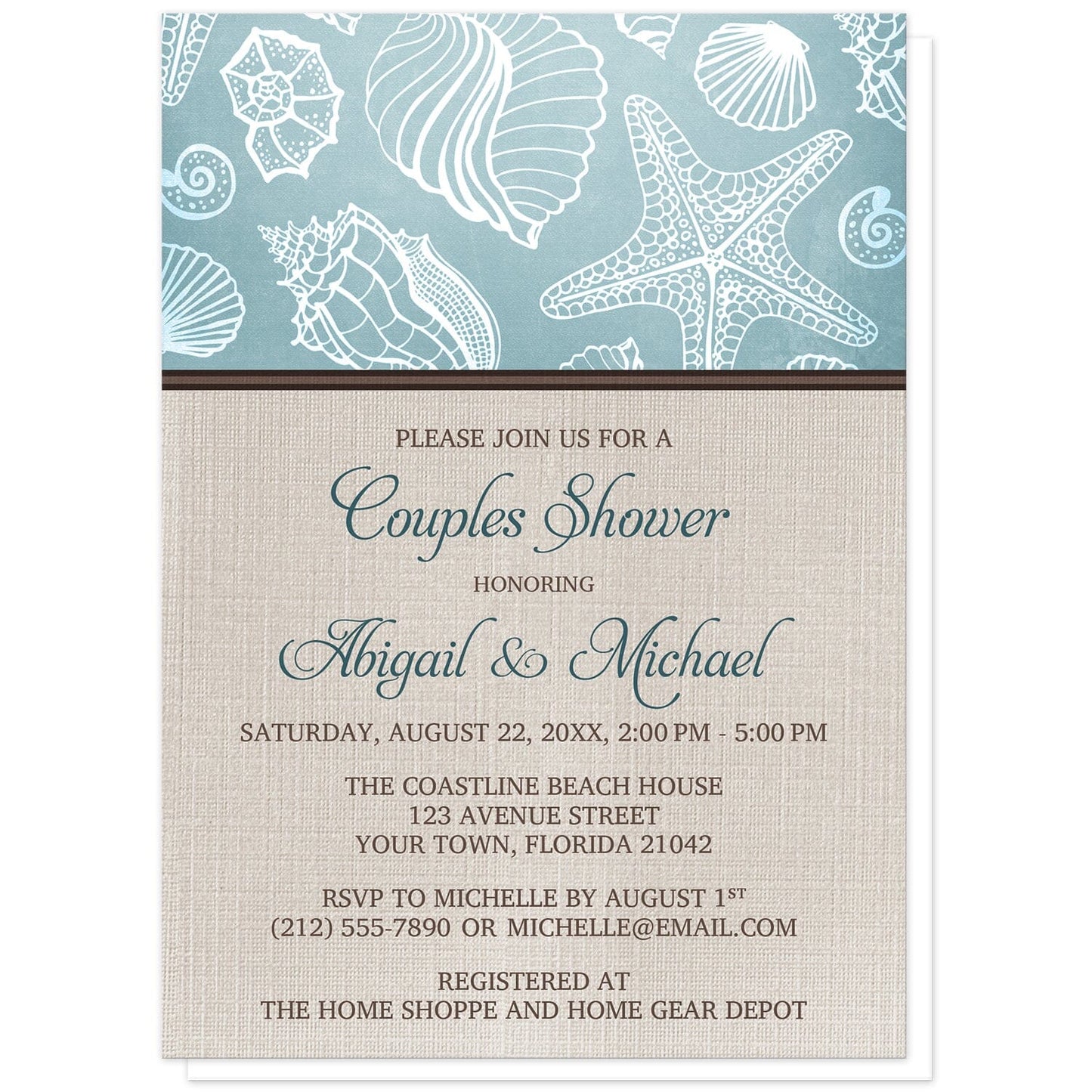 Rustic Beach Linen Seashell Couples Shower Invitations at Artistically Invited. Rustic beach linen seashell couples shower invitations with a white line seashell pattern over a beachy turquoise background along the top. Your personalized couples shower celebration details are custom printed in dark turquoise and brown over a beige canvas background design below the seashell pattern.