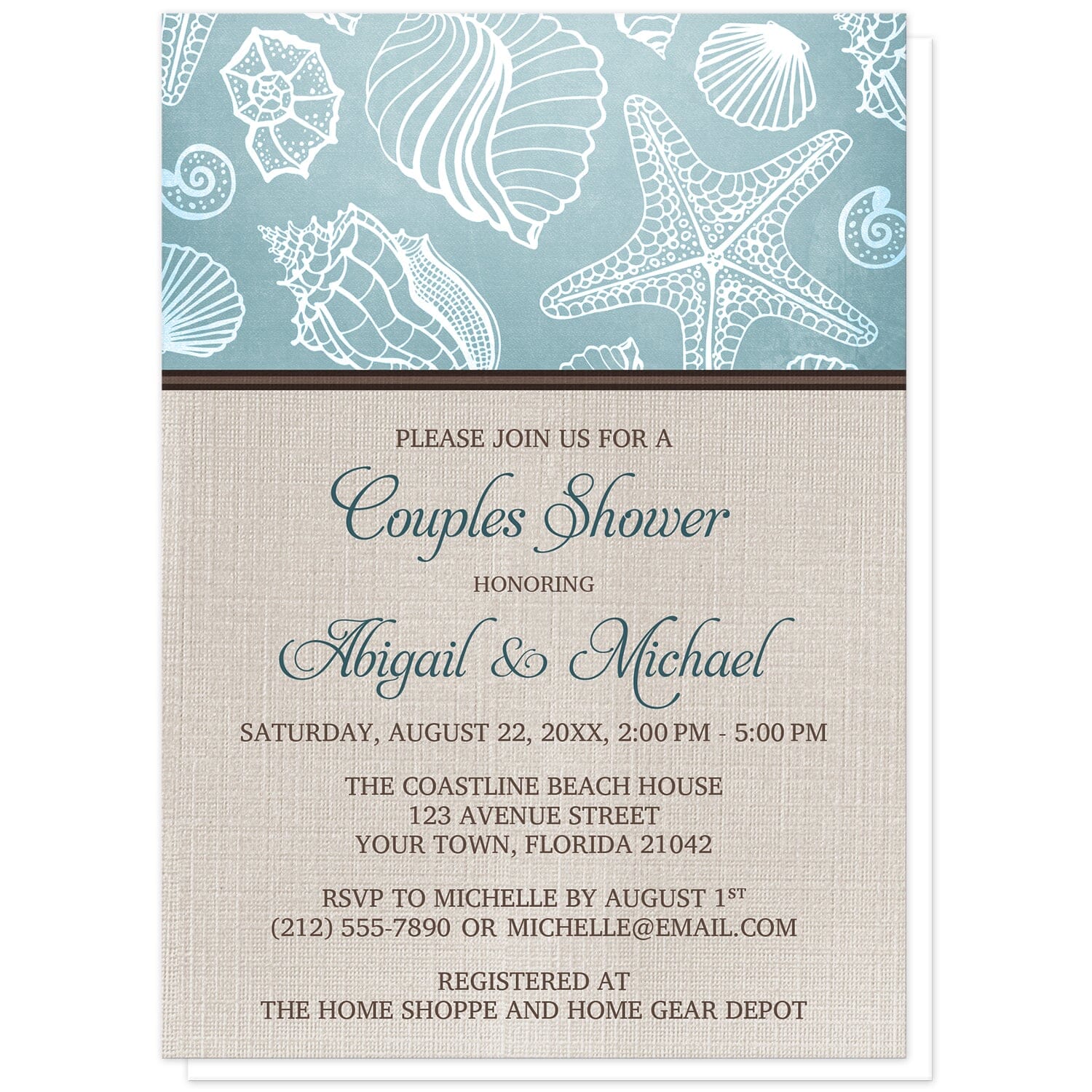 Rustic Beach Linen Seashell Couples Shower Invitations at Artistically Invited. Rustic beach linen seashell couples shower invitations with a white line seashell pattern over a beachy turquoise background along the top. Your personalized couples shower celebration details are custom printed in dark turquoise and brown over a beige canvas background design below the seashell pattern.