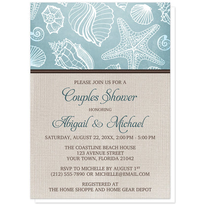 Rustic Beach Linen Seashell Couples Shower Invitations at Artistically Invited. Rustic beach linen seashell couples shower invitations with a white line seashell pattern over a beachy turquoise background along the top. Your personalized couples shower celebration details are custom printed in dark turquoise and brown over a beige canvas background design below the seashell pattern.