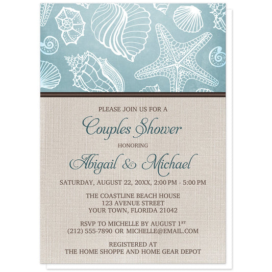 Rustic Beach Linen Seashell Couples Shower Invitations at Artistically Invited. Rustic beach linen seashell couples shower invitations with a white line seashell pattern over a beachy turquoise background along the top. Your personalized couples shower celebration details are custom printed in dark turquoise and brown over a beige canvas background design below the seashell pattern.