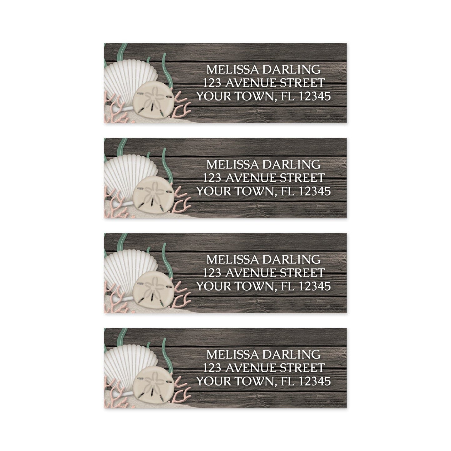 4 Rustic Beach Seashells and Wood Address Labels on a white background