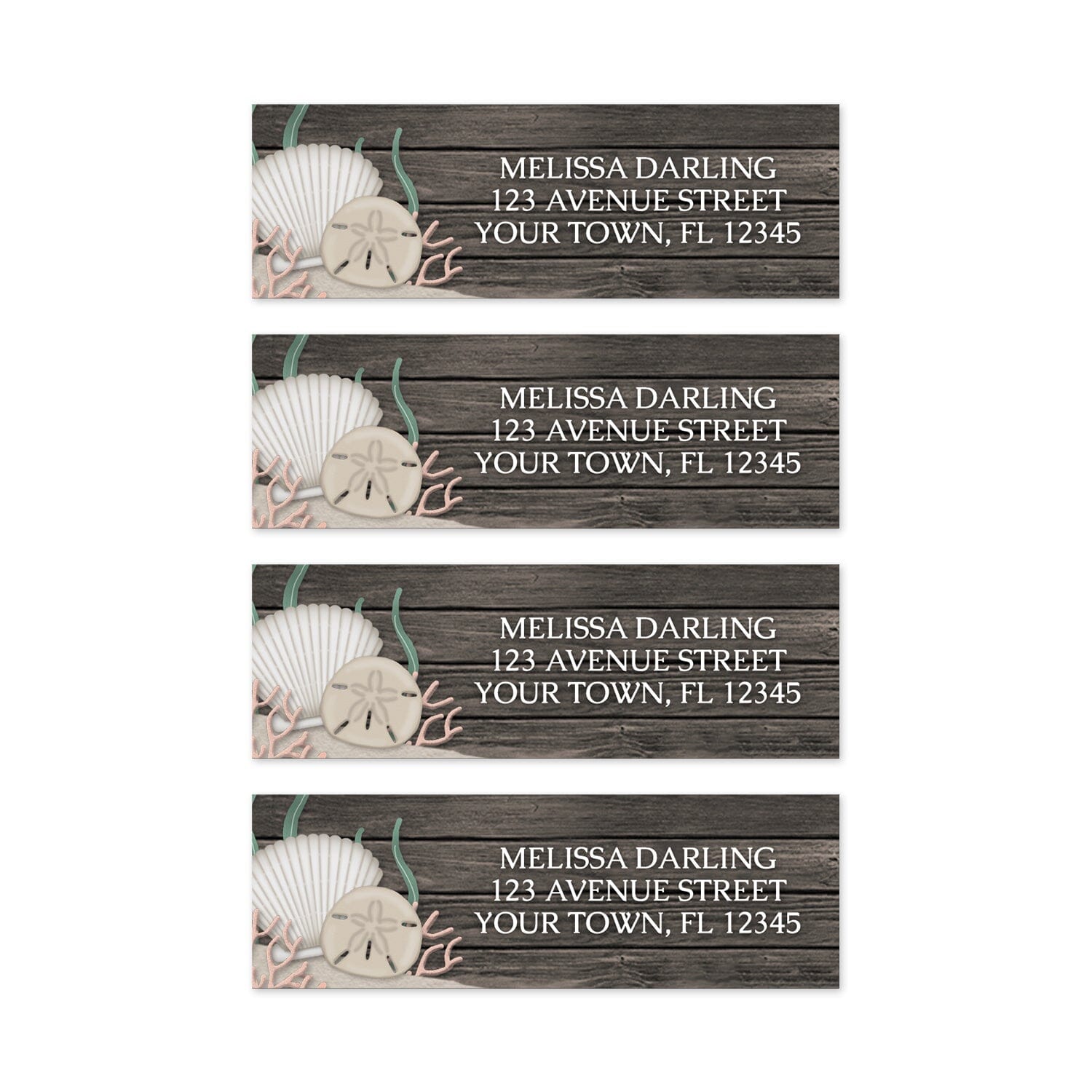 4 Rustic Beach Seashells and Wood Address Labels on a white background