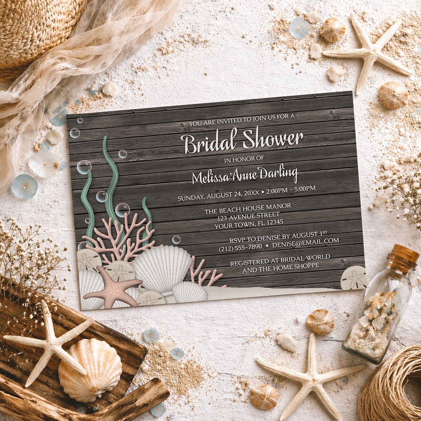 Rustic Beach Seashells and Wood Bridal Shower Invitation on a rustic surface with beach decorations.