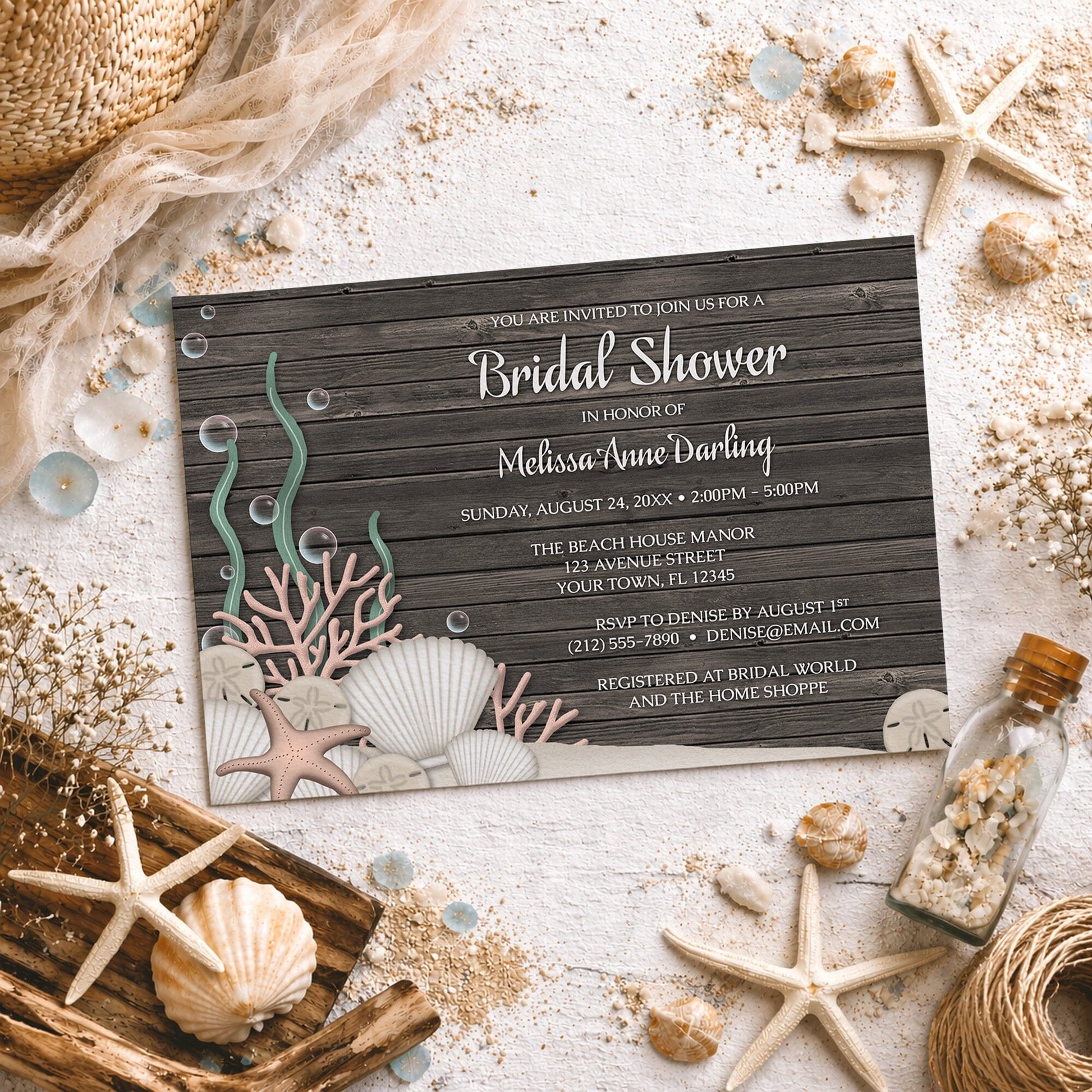 Rustic Beach Seashells and Wood Bridal Shower Invitation on a rustic surface with beach decorations.