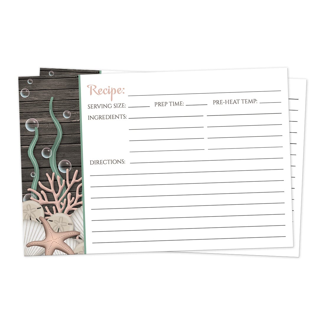 Front side of the Rustic Beach Seashells and Wood Recipe Cards