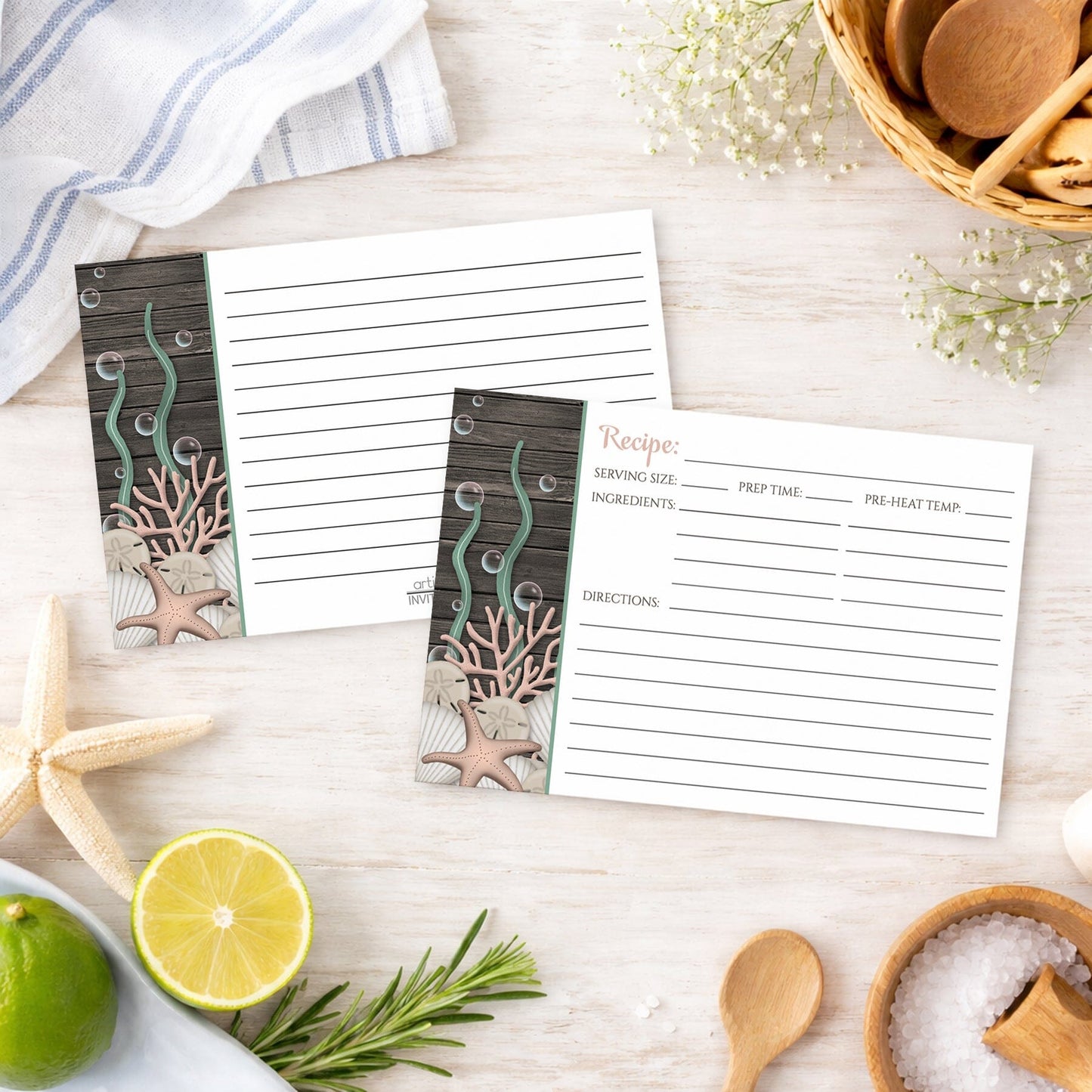 Set of Rustic Beach Seashells and Wood Recipe Cards with coastal design on a wooden surface with beach house kitchen items.