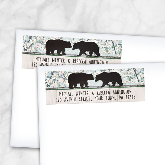 Rustic Bear Floral Wood Address Labels shown on two envelopes