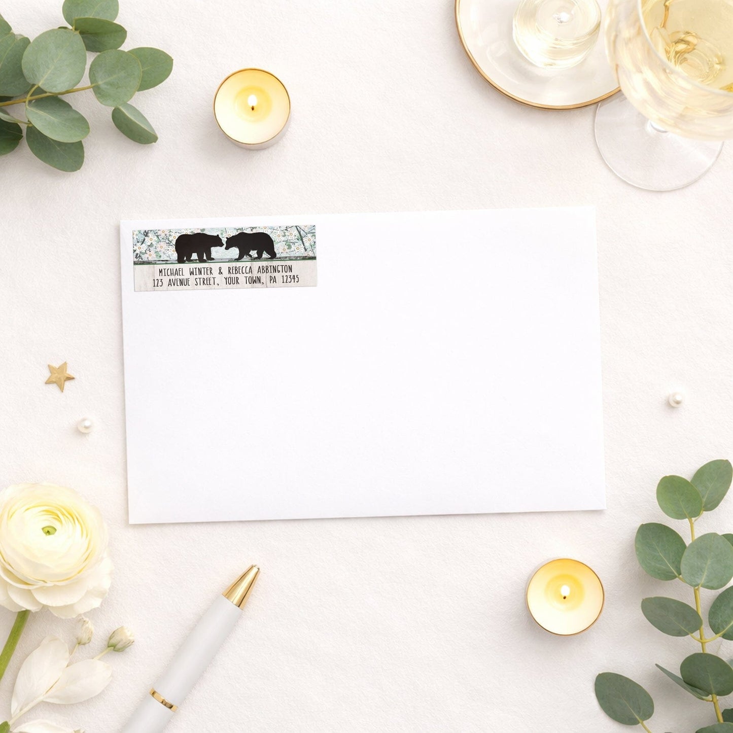 Rustic Bear Floral Wood Address Label on a white envelope with elegant supplies