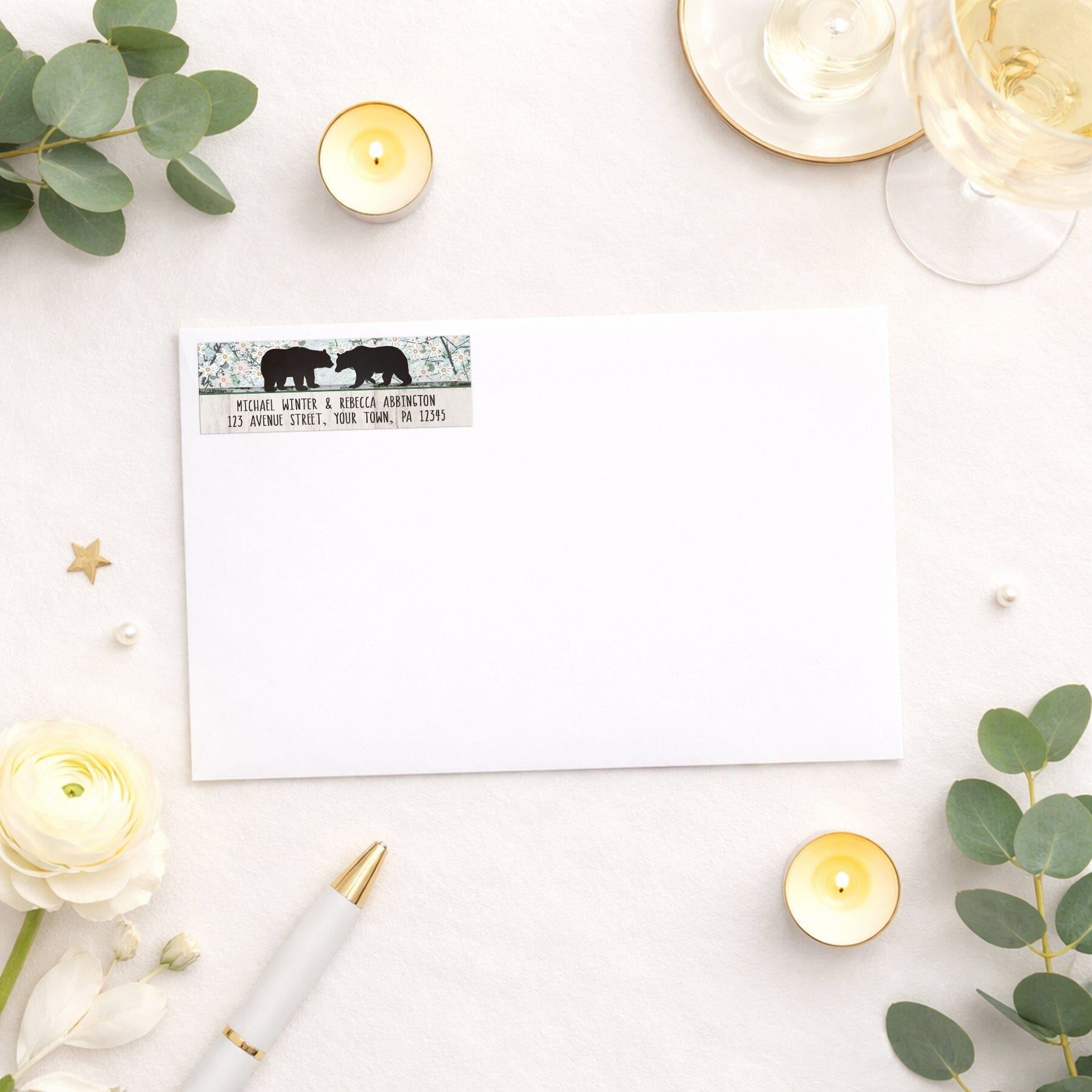 Rustic Bear Floral Wood Address Label on a white envelope with elegant supplies