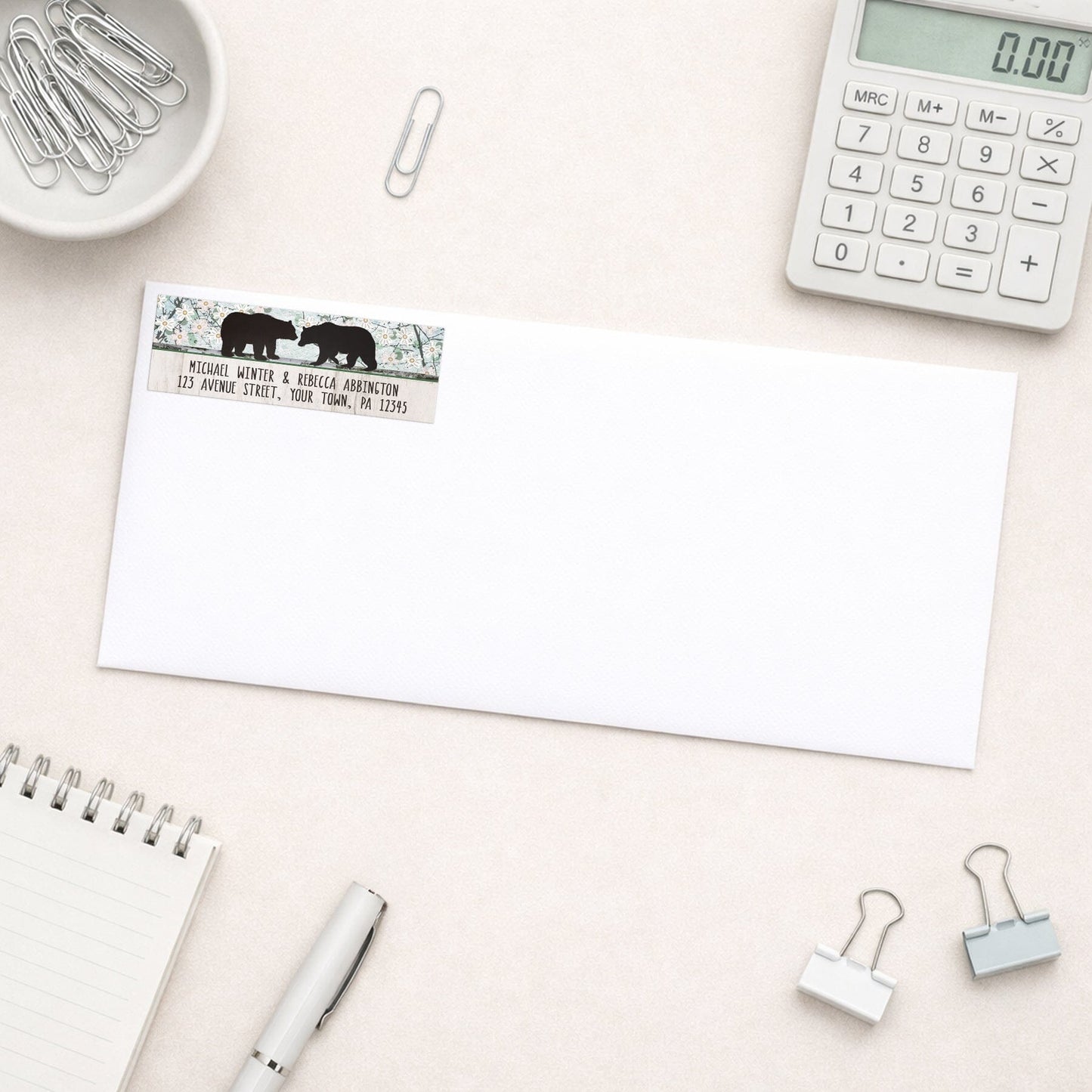 Rustic Bear Floral Wood Address Label on a white envelope with office supplies