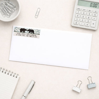 Rustic Bear Floral Wood Address Label on a white envelope with office supplies