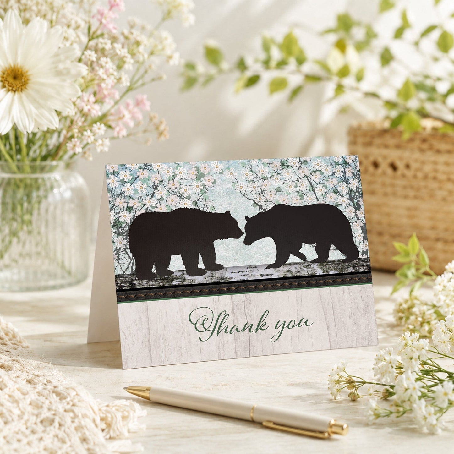 Rustic Bear Spring Floral Wood Thank You Card shown on a tabletop with a vase, spring and summer flowers, and a pen.