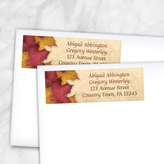2 Rustic Burgundy Gold Autumn Address Labels shown on white envelopes on a marble surface