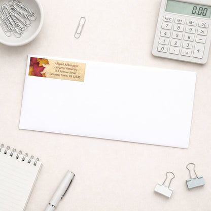 Rustic Burgundy Gold Autumn Address Label shown on a white envelope with everyday office supplies
