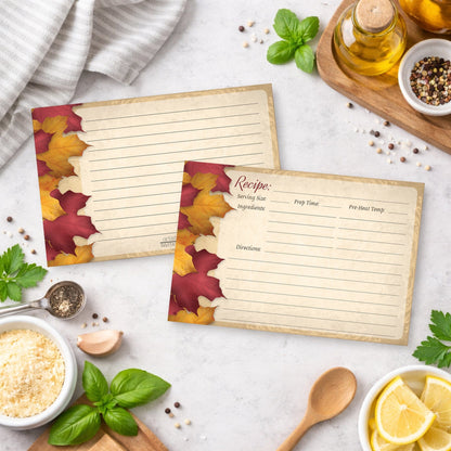 Two Rustic Burgundy Gold Autumn Recipe Cards on an everyday kitchen counter with ingredients.
