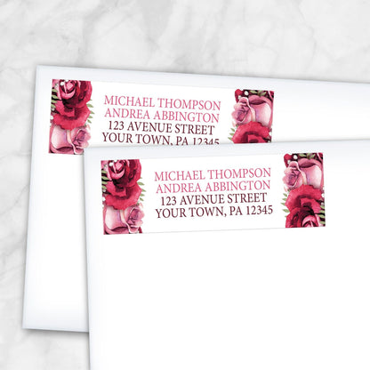 2 Rustic Burgundy Pink Rose White Address Labels shown on white envelopes on a marble surface