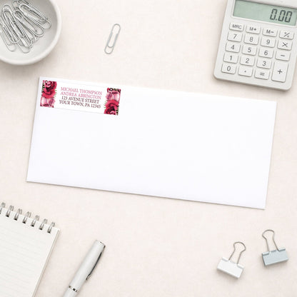 Rustic Burgundy Pink Rose White Address Label shown on a white envelope with everyday office supplies