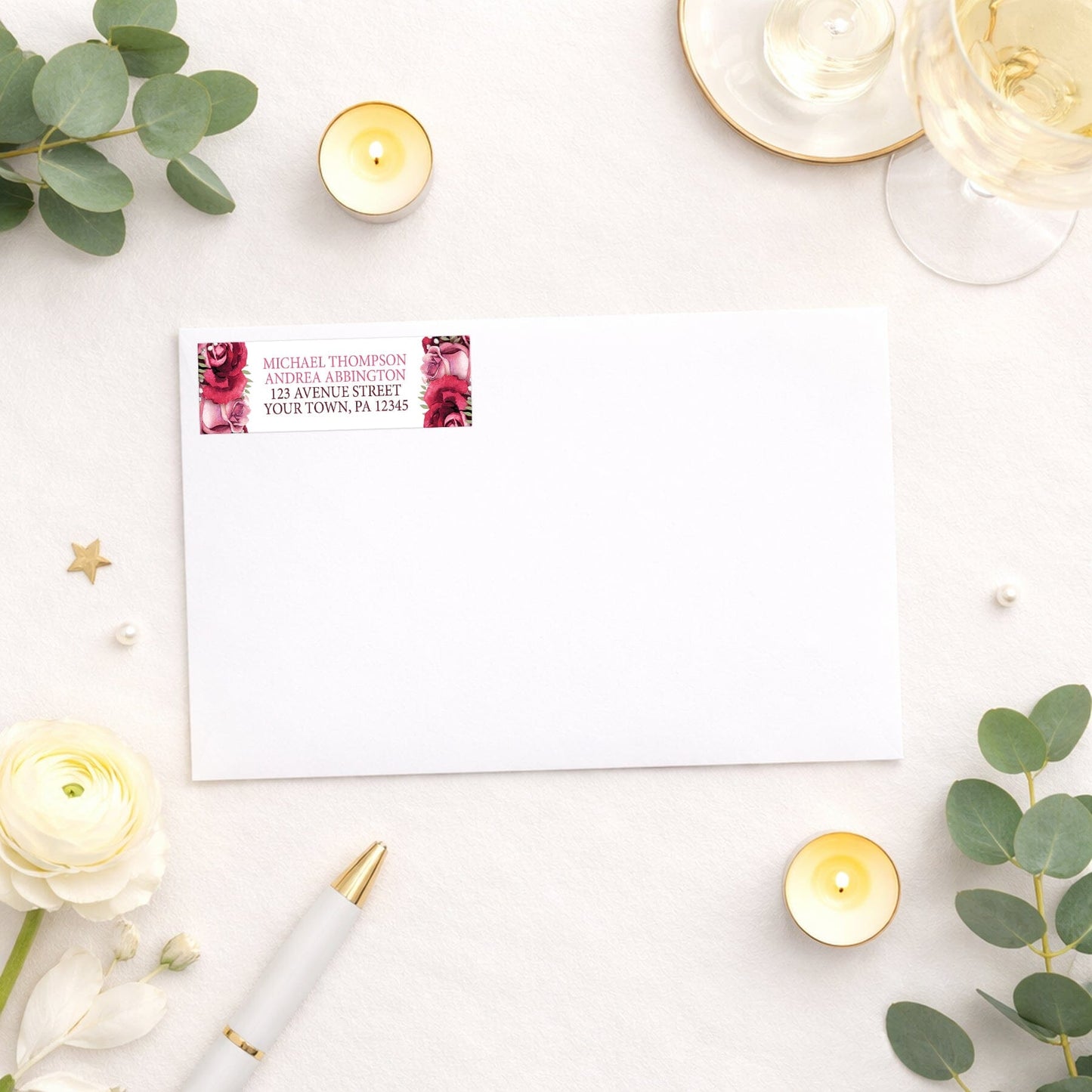 Rustic Burgundy Pink Rose White Address Label shown on a white envelope with wedding and bridal shower supplies