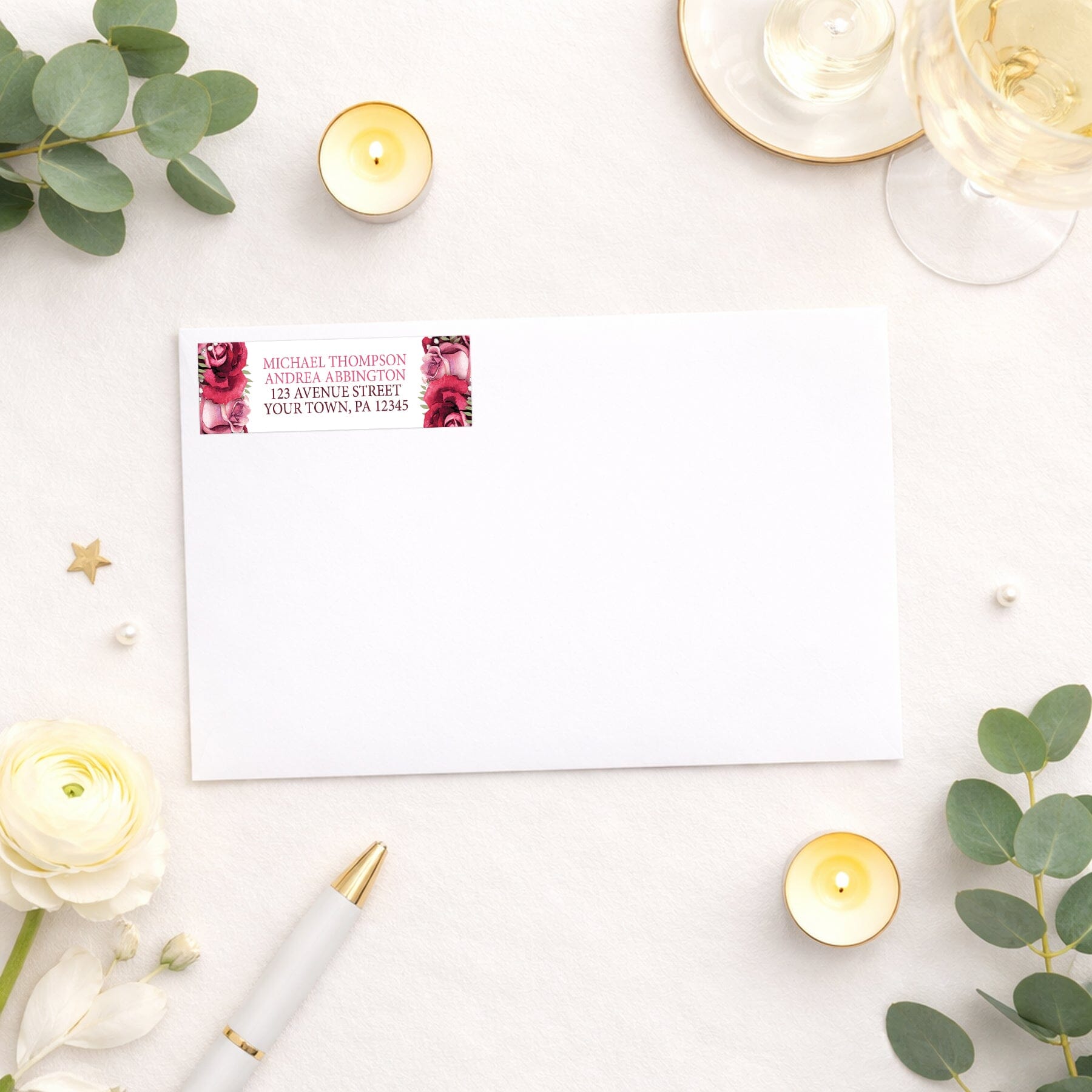 Rustic Burgundy Pink Rose White Address Label shown on a white envelope with wedding and bridal shower supplies