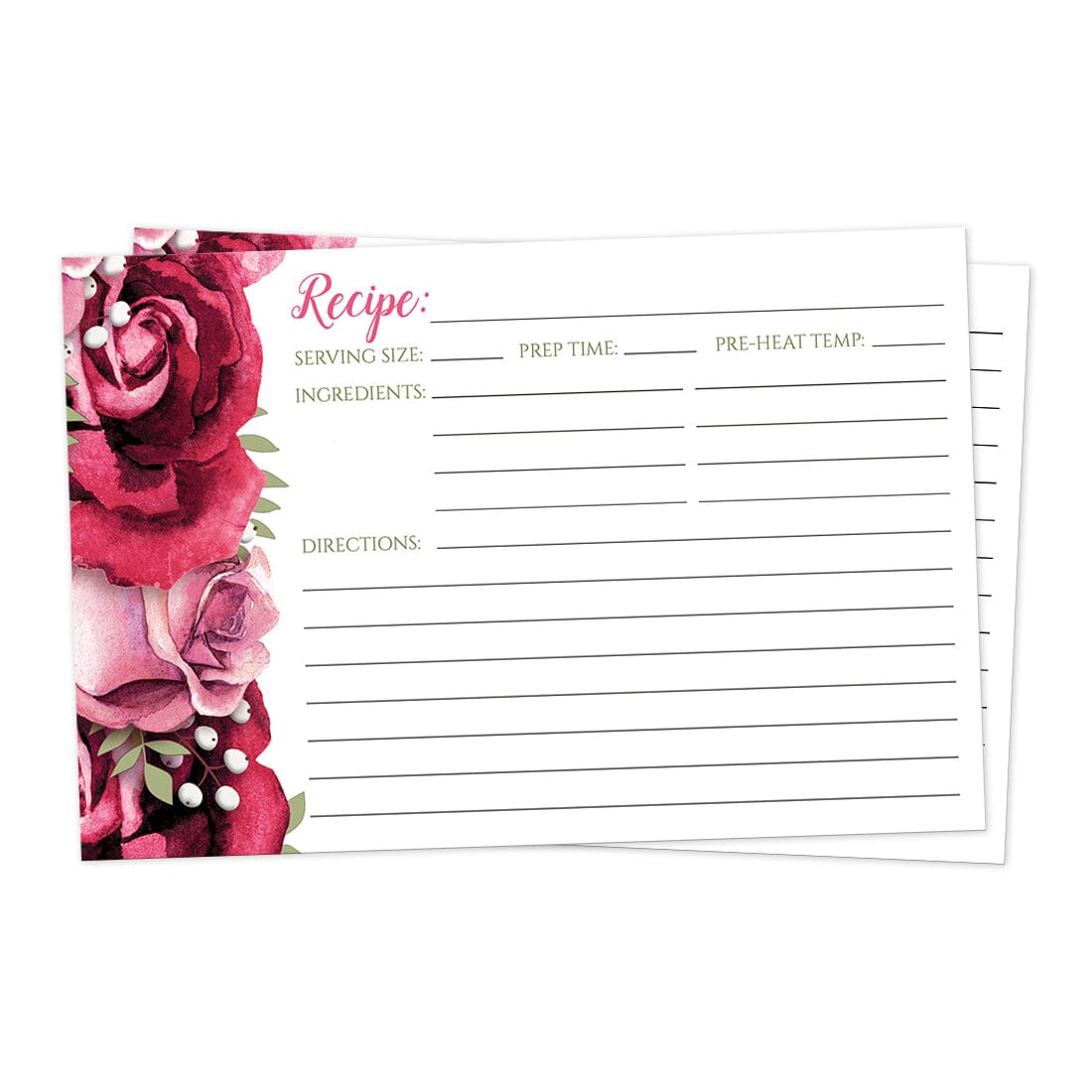 Front side of the Rustic Burgundy Pink Rose White Recipe Cards