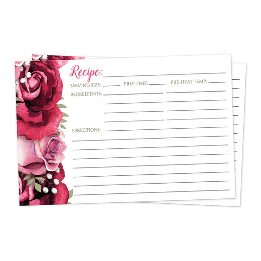 Front side of the Rustic Burgundy Pink Rose White Recipe Cards