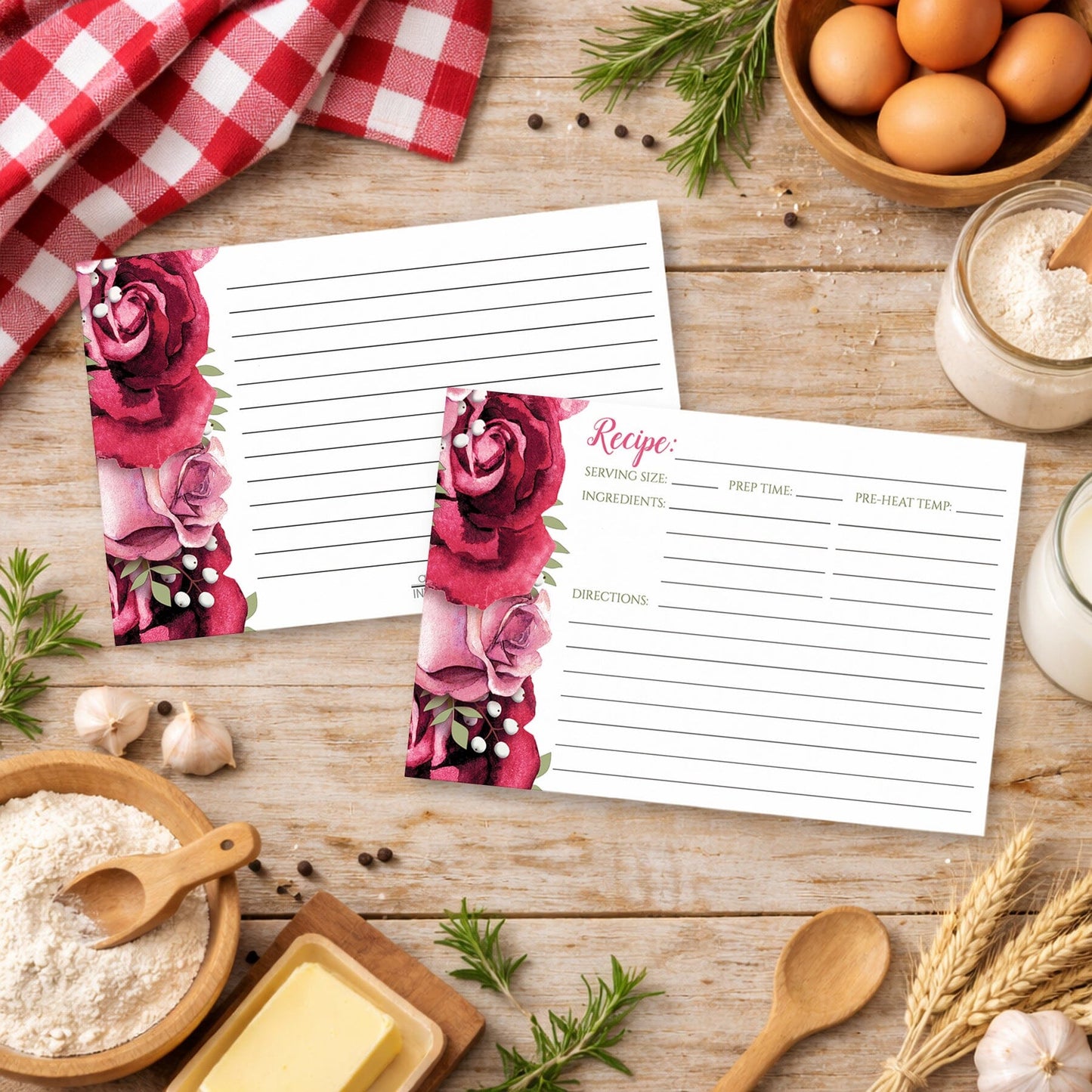 Rustic Burgundy Pink Rose White Recipe Cards on a country wooden surface with cooking ingredients.