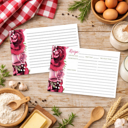 Rustic Burgundy Pink Rose White Recipe Cards on a country wooden surface with cooking ingredients.