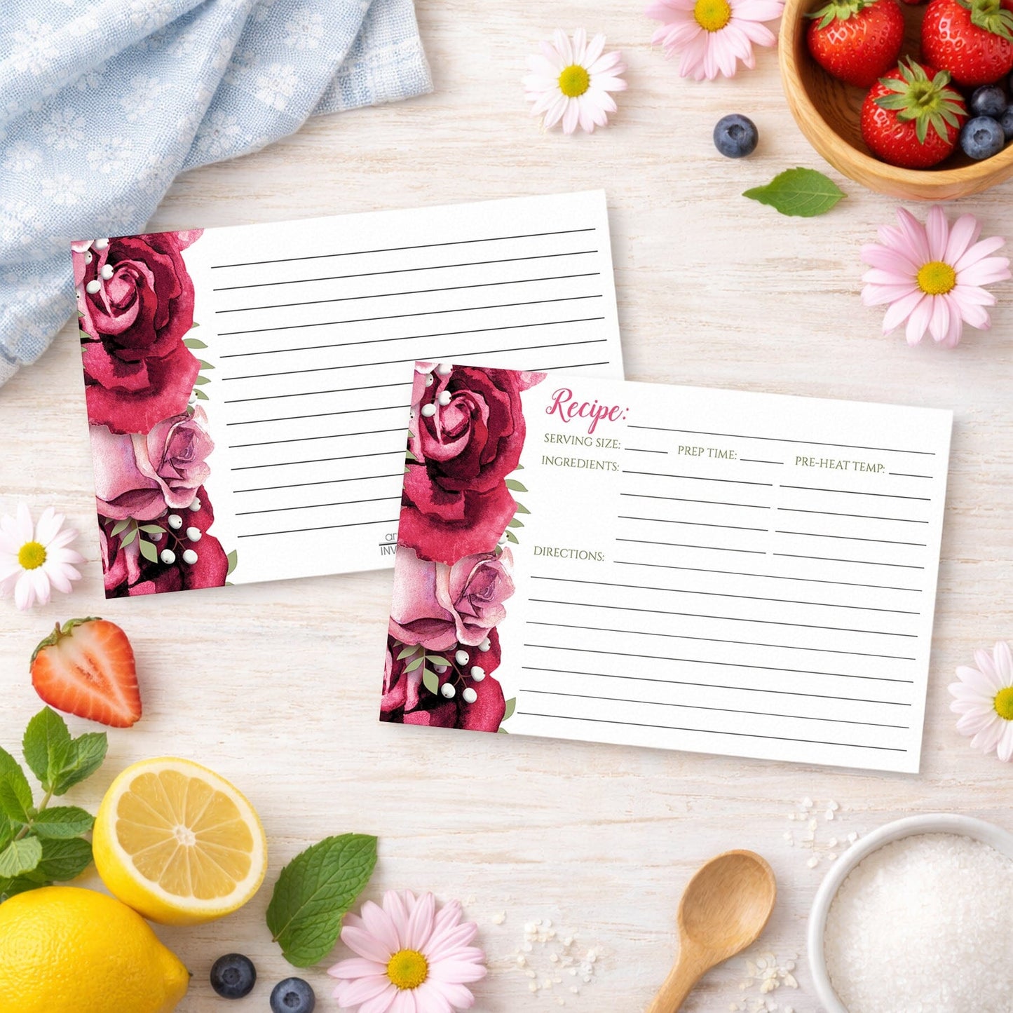 Rustic Burgundy Pink Rose White Recipe Cards on a wooden surface with spring and summer fruits and flowers.