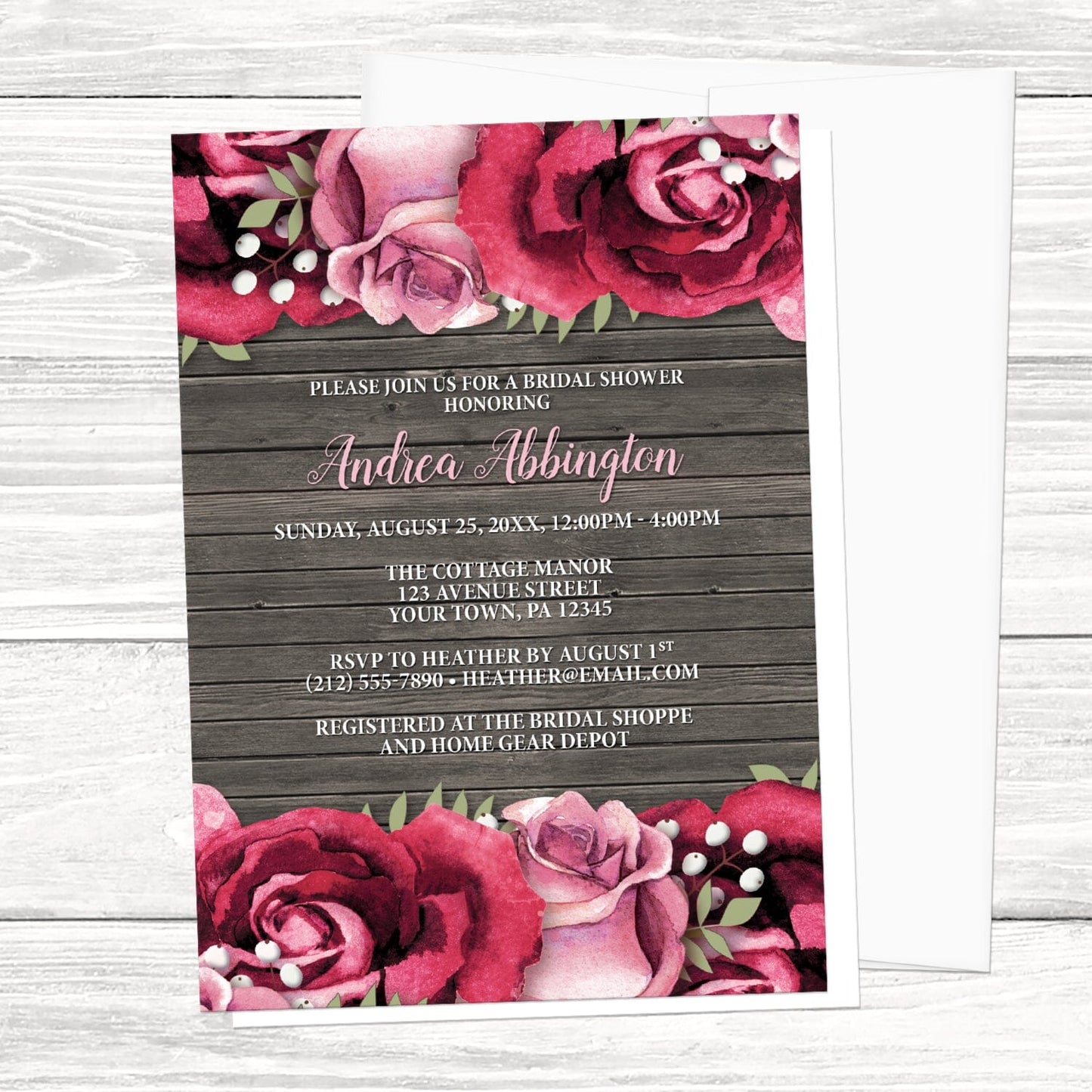 Rustic Burgundy Pink Rose Wood Bridal Shower Invitation shown on a light wood surface with a white envelope.