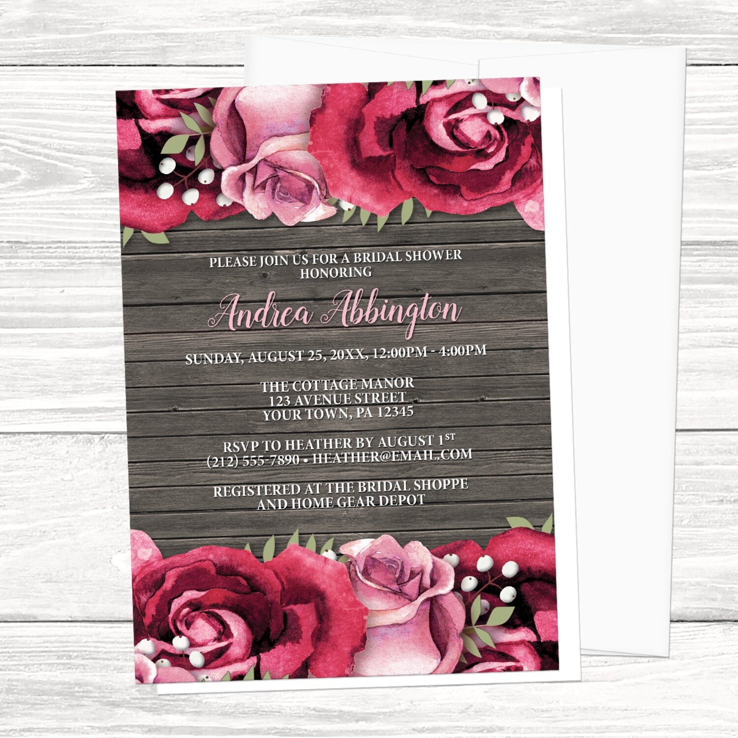 Rustic Burgundy Pink Rose Wood Bridal Shower Invitation shown on a light wood surface with a white envelope.