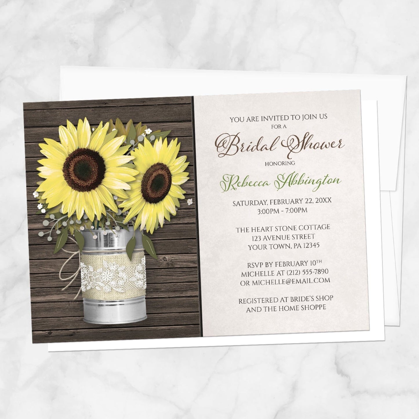 Bridal shower invitation with sunflowers in a tin can on a wooden background, displayed with a white envelope on a marble surface