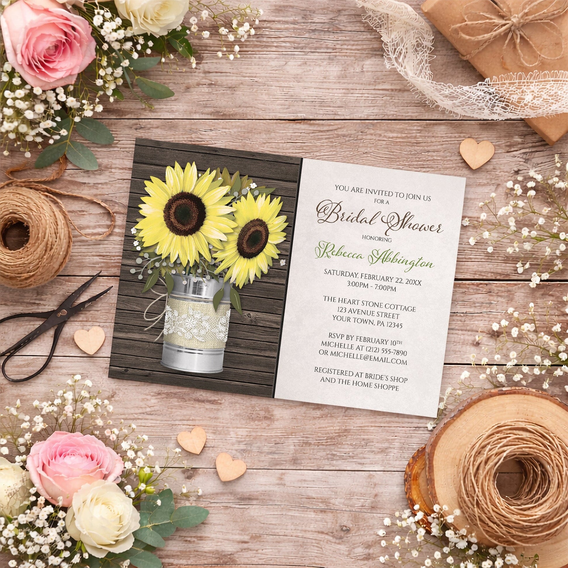 Rustic Burlap and Lace Tin Can Sunflower Bridal Shower Invitation on a wooden surface with flowers and twine.