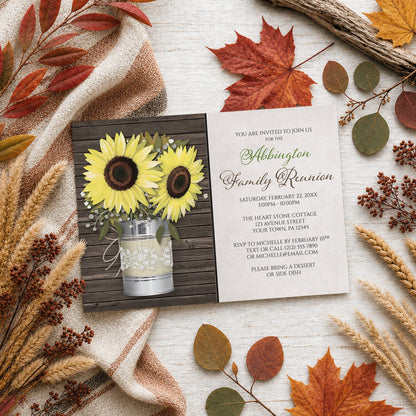 Rustic Burlap and Lace Tin Can Sunflower Family Reunion Invitation shown on a light wood surface with fall leaves and autumn decor.
