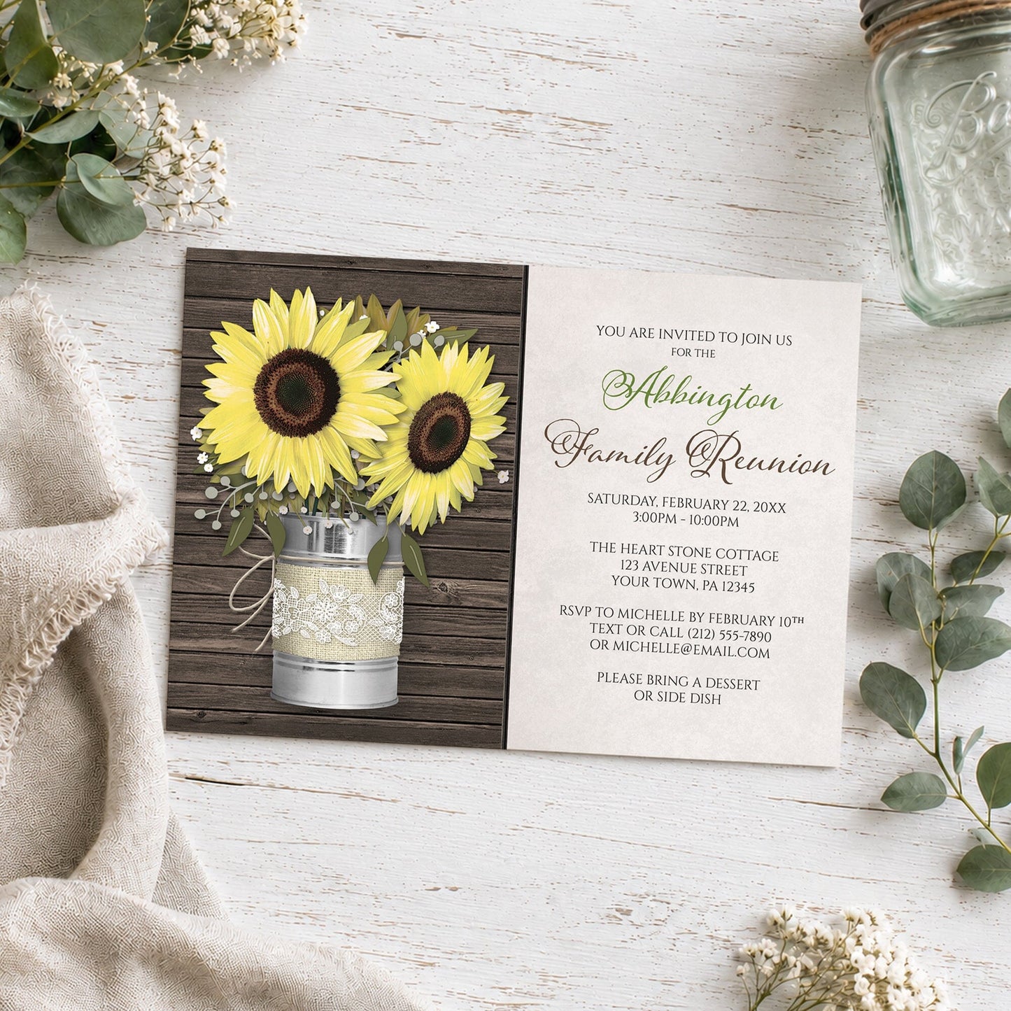 Rustic Burlap and Lace Tin Can Sunflower Family Reunion Invitation shown on a light wood surface with plants and a small mason jar.