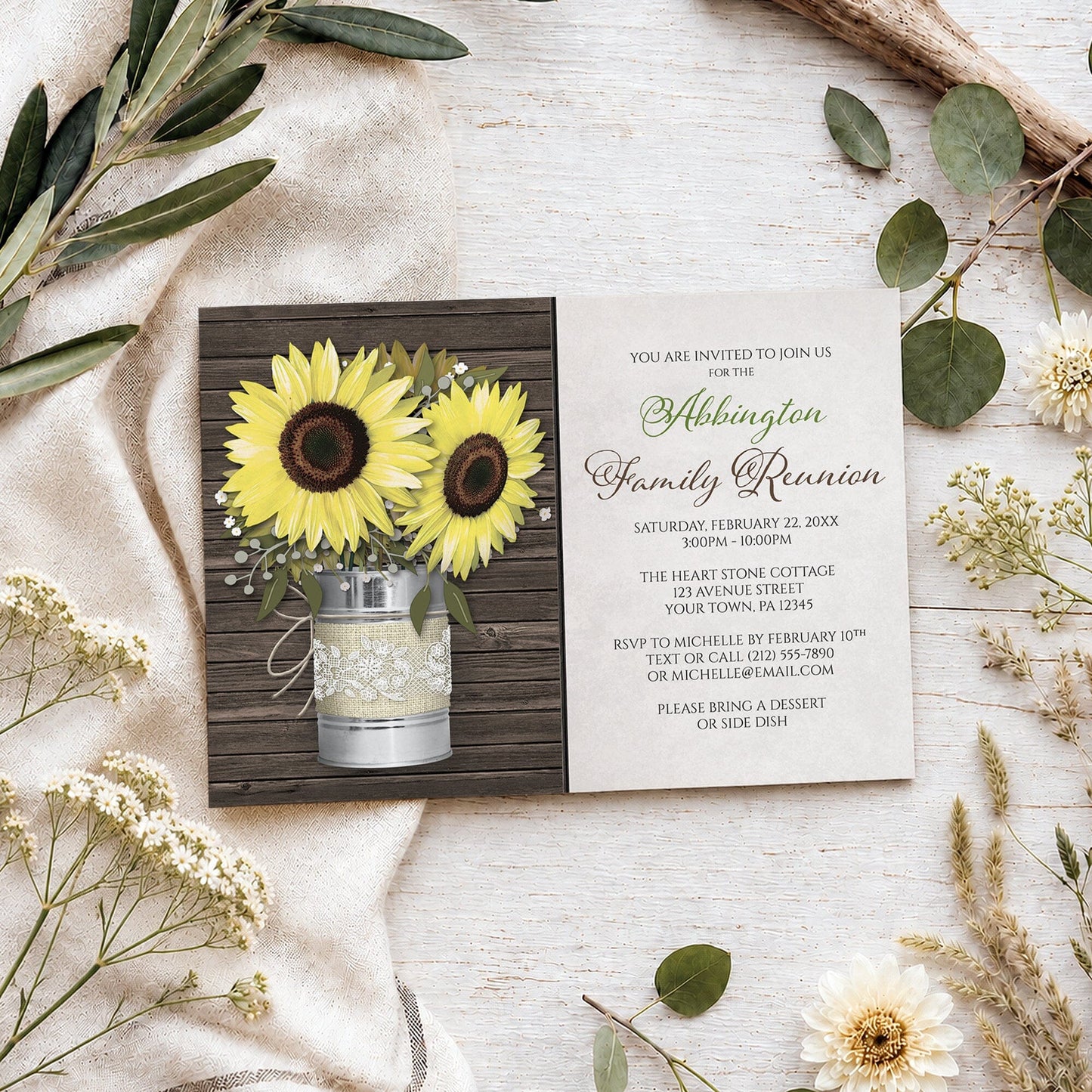 Rustic Burlap and Lace Tin Can Sunflower Family Reunion Invitation shown on a light wood surface with spring and summer plants.