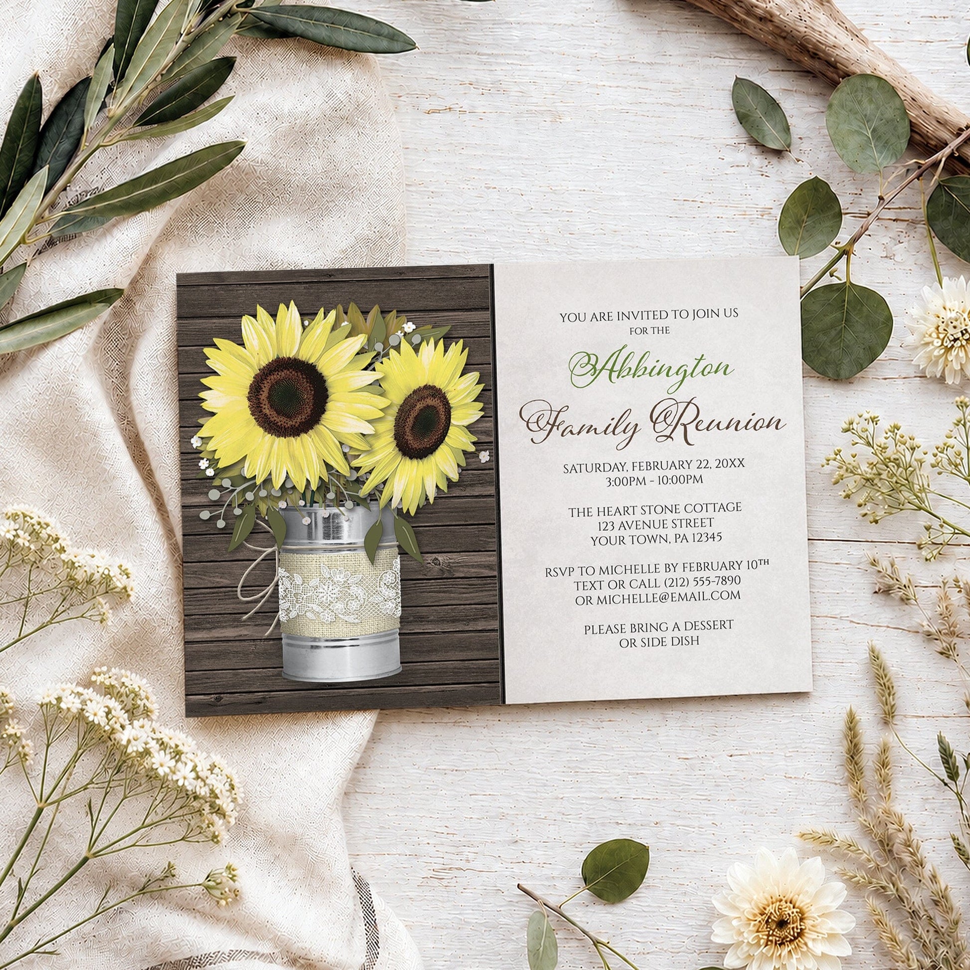 Rustic Burlap and Lace Tin Can Sunflower Family Reunion Invitation shown on a light wood surface with spring and summer plants.