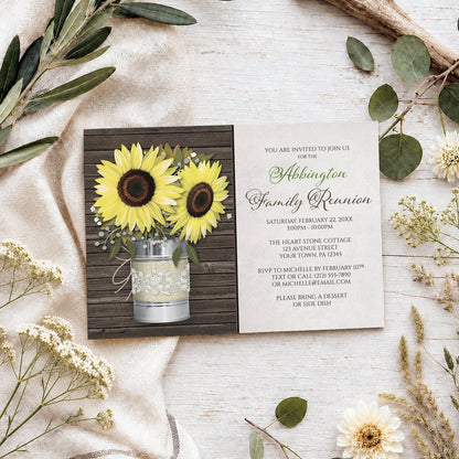 Rustic Burlap and Lace Tin Can Sunflower Family Reunion Invitation shown on a light wood surface with spring and summer plants.