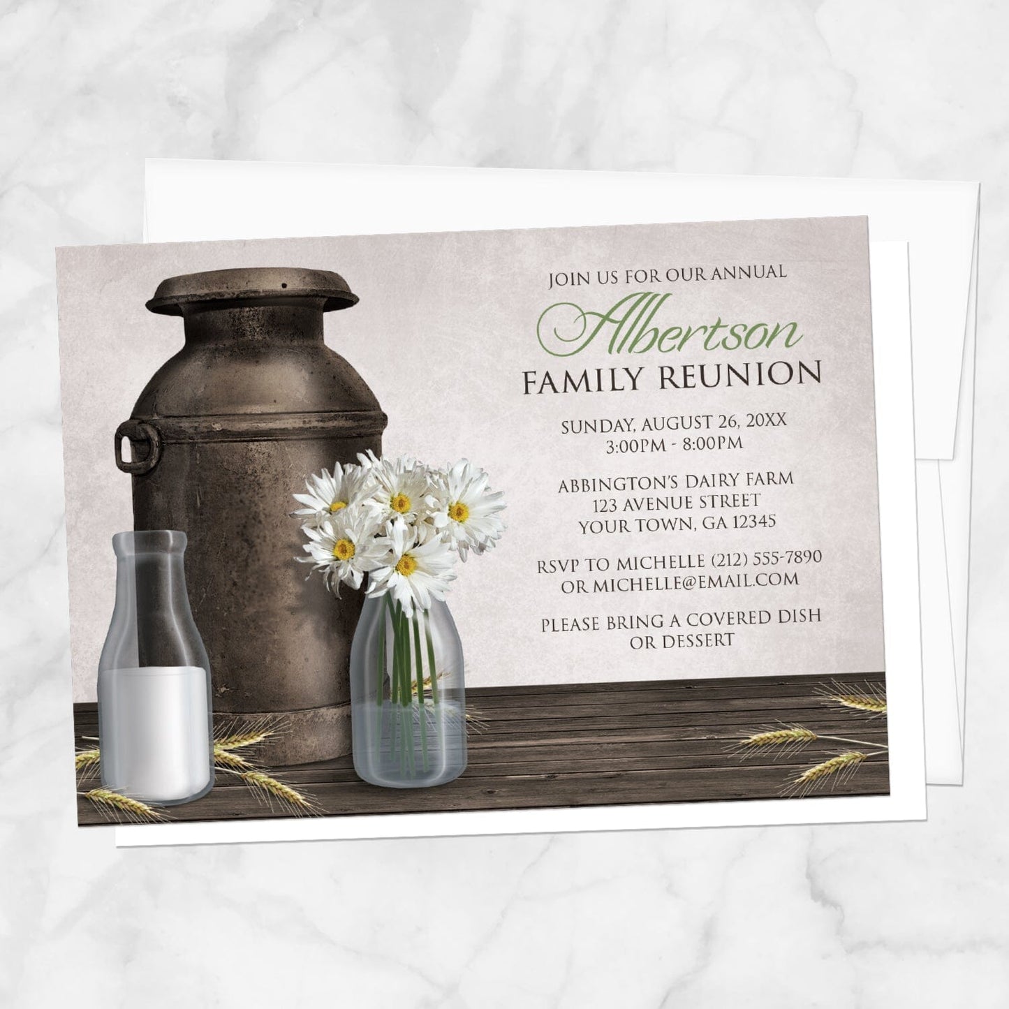 Rustic Country Dairy Farm Family Reunion Invitation shown on a marble surface with a white envelope.