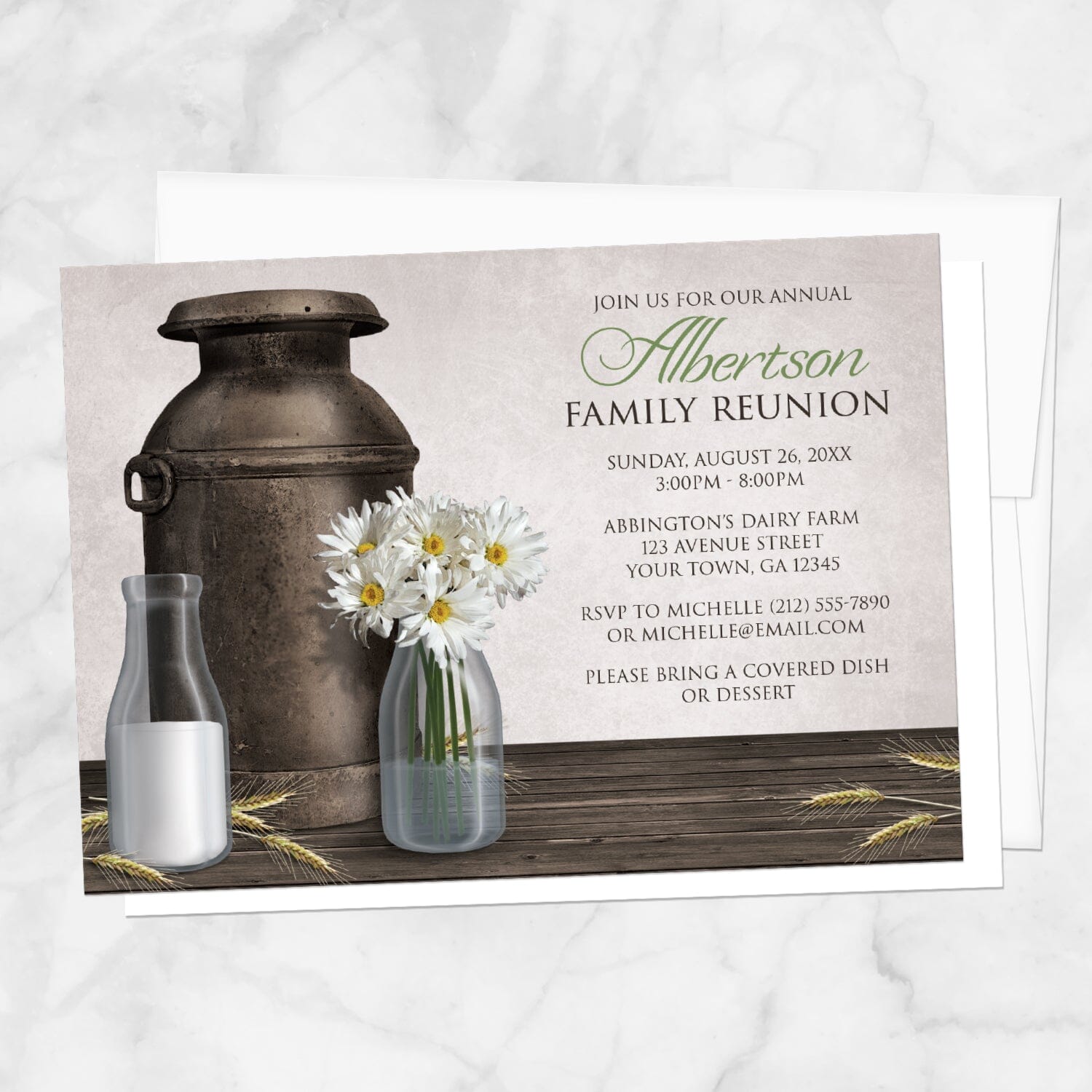 Rustic Country Dairy Farm Family Reunion Invitation shown on a marble surface with a white envelope.