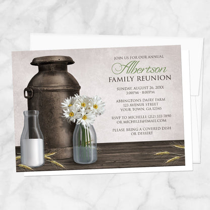 Rustic Country Dairy Farm Family Reunion Invitation shown on a marble surface with a white envelope.