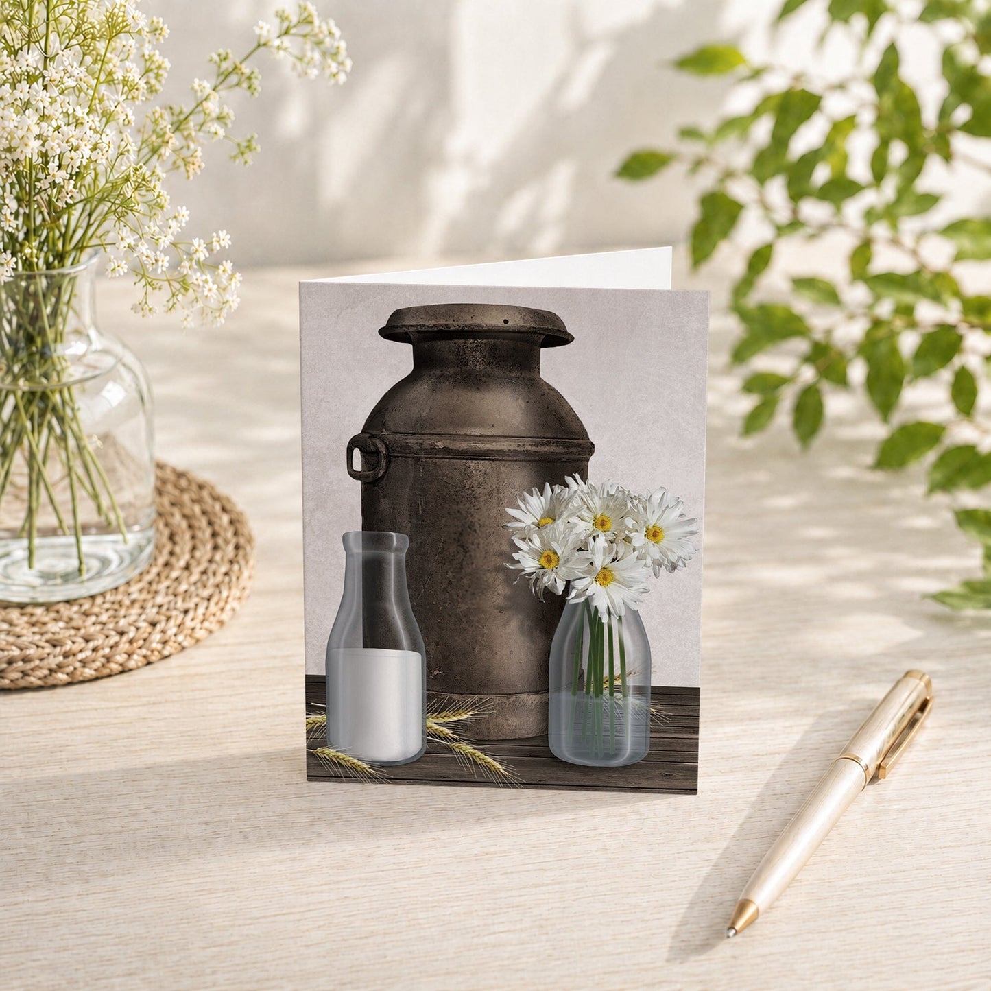 Rustic Country Dairy Farm Note Card shown on a tabletop with a vase, spring and summer flowers, and a pen.