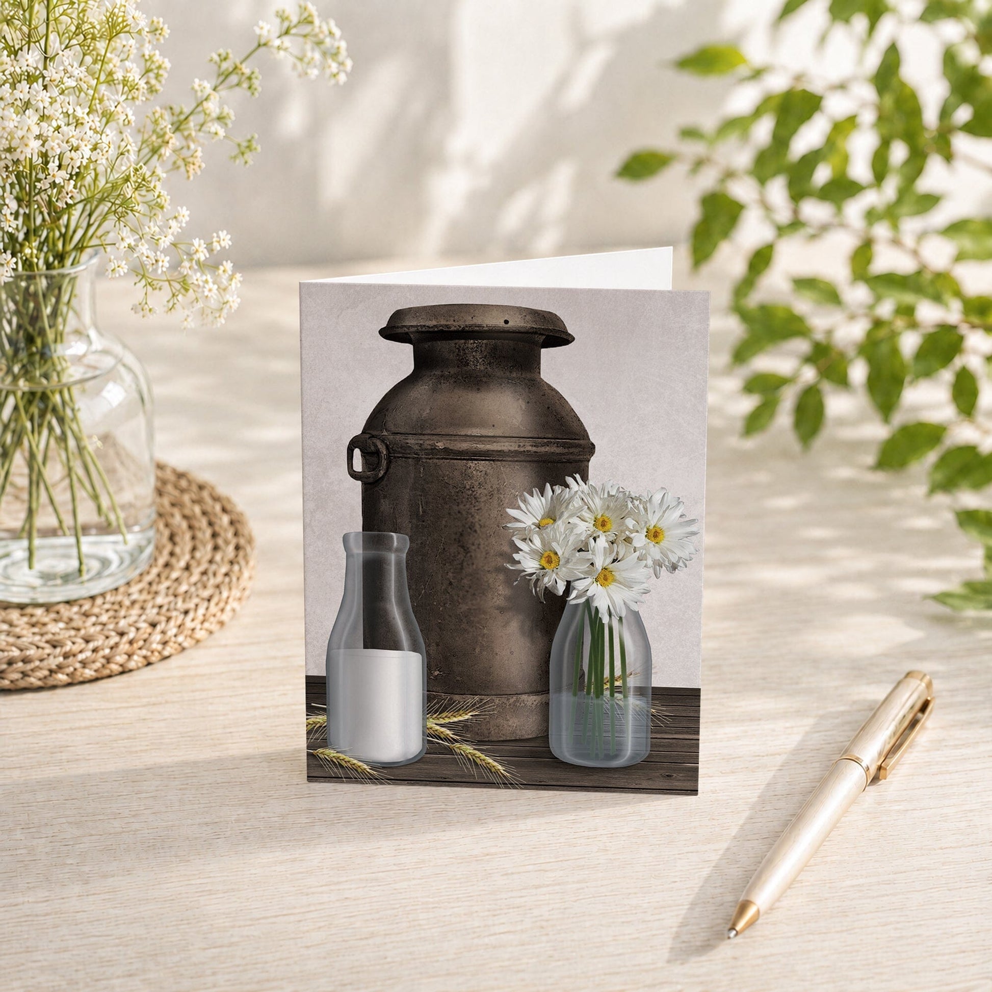 Rustic Country Dairy Farm Note Card shown on a tabletop with a vase, spring and summer flowers, and a pen.
