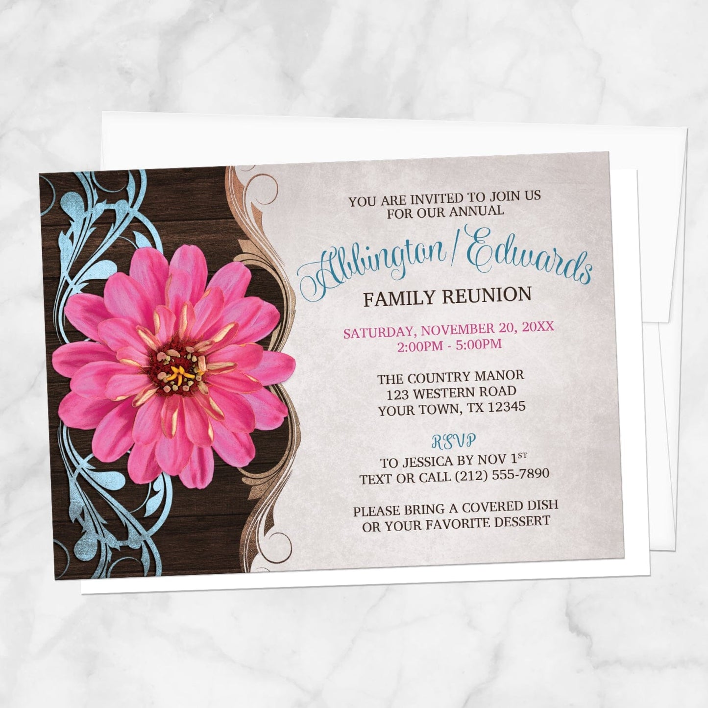 Rustic Country Pink Zinnia Family Reunion Invitation shown on a marble surface with a white envelope.