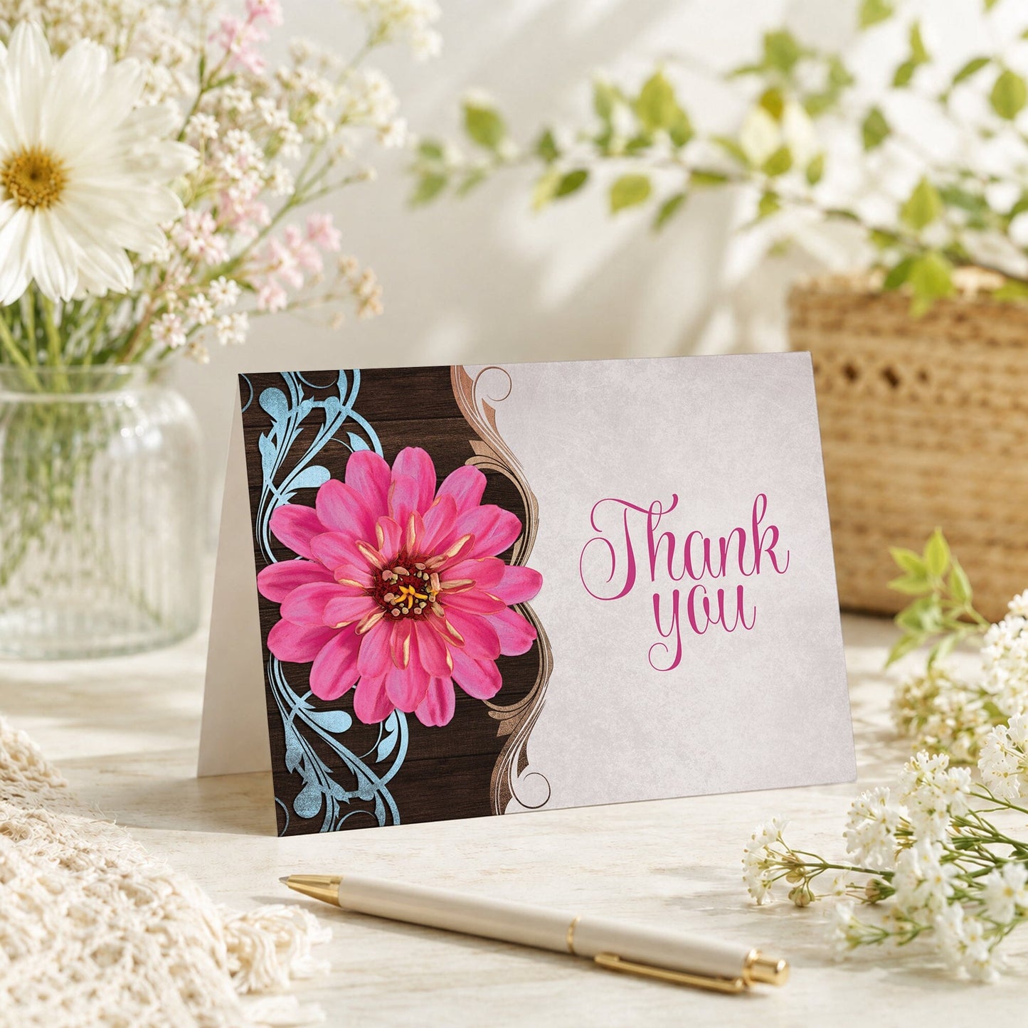 Rustic Country Pink Zinnia Thank You Card shown on a tabletop with a vase, spring and summer flowers, and a pen.